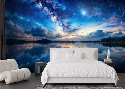 Night clouds reflected on peaceful lake under starry sky Wall mural