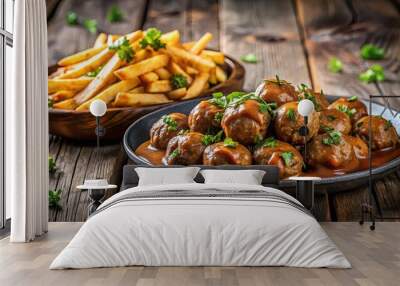 Savory meatballs in sauce and crispy fries on rustic wooden table Wall mural