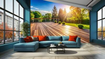 Wooden deck in backyard terrace on a sunny afternoon Wall mural