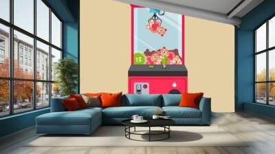 arcade with a hook and plush toys. machine in a shopping center for children. flat vector illustration. Wall mural