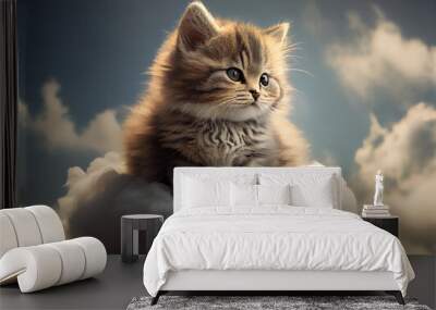 kitten sits on a cloud in the sky. ai generated Generative AI Wall mural