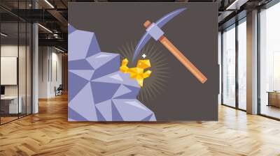 mining of gold from rocks. cut the mineral with a pickaxe from the stone. flat vector illustration. Wall mural