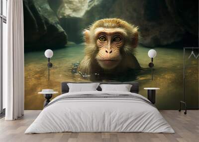 monkey swims in a hot spring in asia. Wall mural