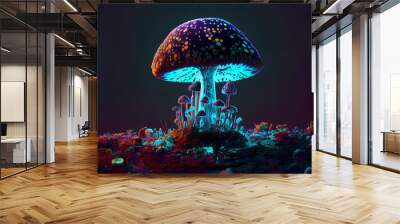 neon hallucinogenic mushroom on a blue background. ai generated Wall mural