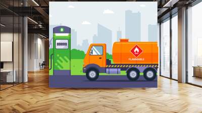 the fuel truck arrived at the gas station. transportation of gasoline by truck. flat vector illustration. Wall mural