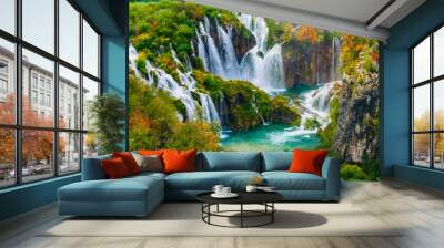 Detailed view of the beautiful waterfalls in the sunshine in Plitvice National Park, Croatia Wall mural