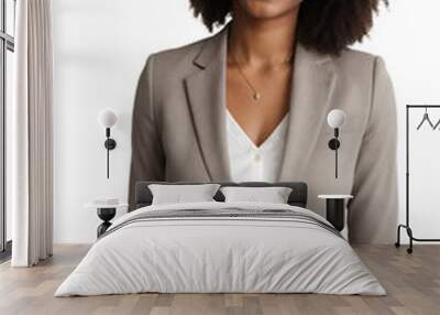 African American woman with natural curly hair in a business suit, smiling confidently, looking at the camera, isolated, transparent background, no background. PNG. Wall mural