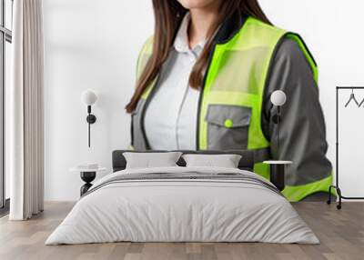 Beautiful industrial engineer wearing a Hi-Vis jacket and white helmet, confidently smiling and looking at the camera, isolated, transparent background, no background. PNG. Wall mural