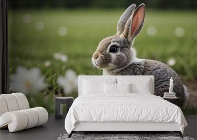 Close-up of a cute rabbit in the spring field with copy space.  Wall mural