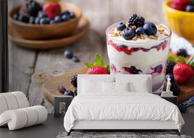 Close-up of a Summer berries yogurt fool dessert on a wooden table with copy space. Wall mural