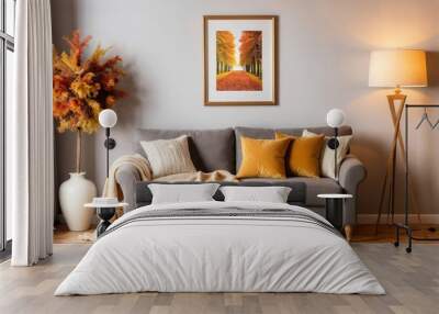 Domestic living room with a sofa, lamp, and mock-up frame. Autumn Living Room Decor. Wall mural