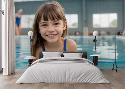 Young girl in one piece swimsuit at swimming pool with copy space. Wall mural