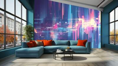 Abstract digital art featuring a vibrant, neon-colored cityscape with glowing lines and streaks of light. Wall mural