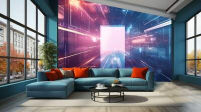 Abstract digital background with a glowing neon light in a futuristic cyberspace. Wall mural