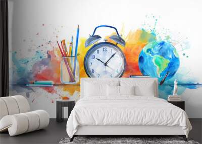 Vibrant watercolor illustration featuring an alarm clock, globe, books, and pencils, representing the fusion of art and learning Wall mural