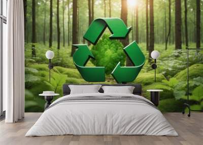 A recycling symbol encompasses a green tree in a lush forest Wall mural