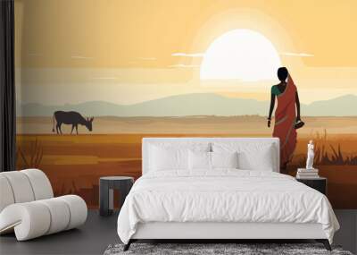 African woman in saree on the savanna at sunset vector illustration Wall mural