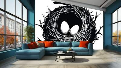 black bird nest with eggs vector illustration silhouette, Print Wall mural