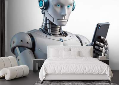 robot with smartphone isolated on transparent white background, clipping path Wall mural