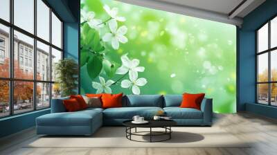 Beautiful spring background with green juicy young cool color Wall mural