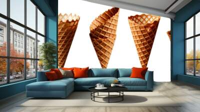 Big set with waffle cones for ice cream isolated on transparent background cutout. Mock up ice cream template for design. Wall mural