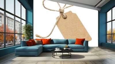 Blank price tag tied with string isolated on white background Wall mural