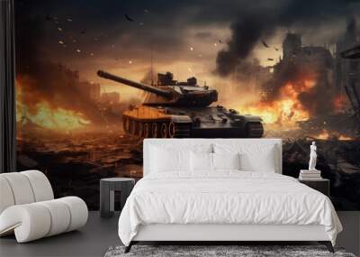 armored tank crosses a mine field during war invasion epic scene of fire and some in the desert Wall mural