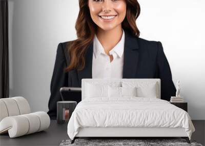 Business woman holding a tablet and smiling happily isolated on a transparent background Wall mural