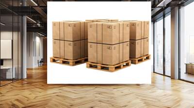 Cardboard boxes on pallets isolated on transparent a white background Wall mural