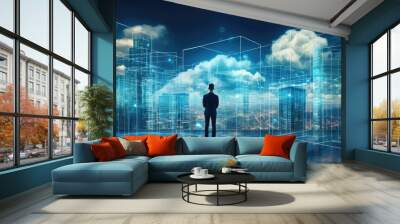 digital marketing concept, business man point hand to interface of communication cloud technology to connect data in world network by using 5g . futuristic technology connect communication network Wall mural