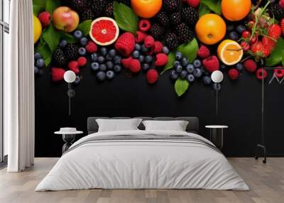 Fresh fruits on a black background. Top View Wall mural