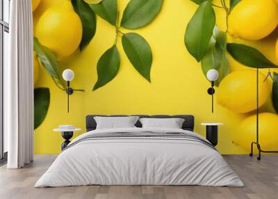 Lemons and lemons with green leaves on a yellow background. top view Wall mural