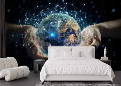 man hand holding night earth with global network communication technology including earth crptocurrency, blockchain, iot, 5g Earth day energy for envirionment Elements of this image furnished Wall mural