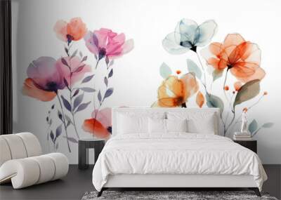 on a transparent background - Set of bold and minimalist depiction of fresh, clean watercolor flowers on a transparent background (2) Wall mural