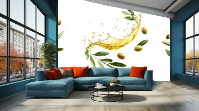 Set of A golden splash of olive oil captured mid-air, mingling with fresh green olive leaves, isolated on a transparent background Wall mural