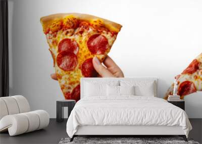 Set of hand holding a delicious slice of pepperoni pizza isolated on a transparent background Wall mural