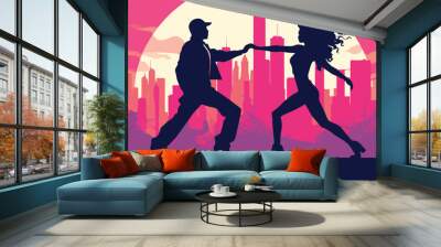 couple dancing tango in the city at sunset, vector illustration Wall mural