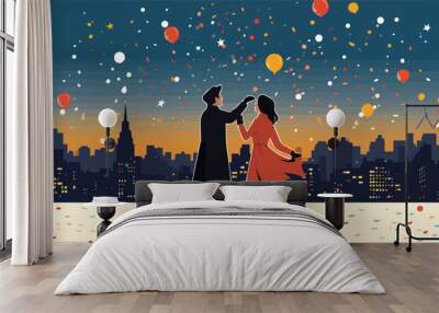 Couple in love on the background of the night city. Vector illustration Wall mural