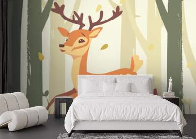 Cute cartoon deer running jumping wildlife animal forest woods trees fall autumn illustration background isolated Wall mural