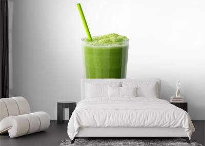 Glass of green smoothie with straws isolated on a white background Wall mural