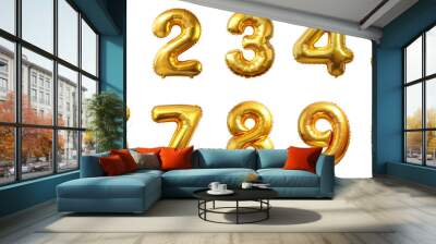 Gold balloons, alphabet letters and numbers. 3d vector realistic symbols. Festive decorations set, Golden Number Balloons 0 to 9. Foil and latex balloons. Helium balloons for anniversary and wedding Wall mural