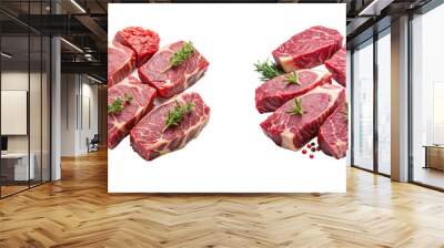 Assorted raw meat cuts on a clean white surface. pieces of uncooked meat on a transparent PNG image. Wall mural