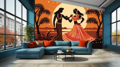 Indian couple dancing in the desert. Vector illustration in flat style. Wall mural