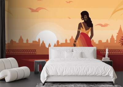 Indian woman in saree at sunset. Vector illustration of India. Wall mural