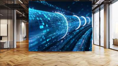 a long digital pipeline shaped by vibrant glowing  blue matrix binary code. isolated on black background.
 Wall mural