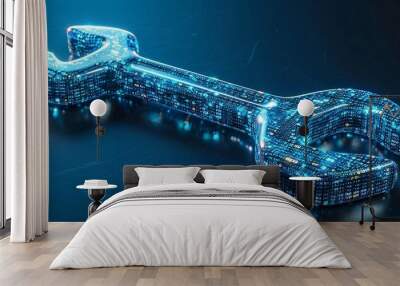 blue digital wrench  spanner with glowing binary code, AI  in  maintenance management systems, predictive maintenance algorithms, equipment diagnostics, and remote repair assistance.
 Wall mural