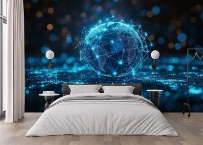 blue hologram globe with world map with glowing data streams, ai global communication networks, virtual reality simulations, geospatial data visualization, and interactive educational experience.
 Wall mural