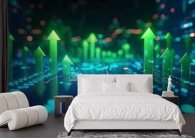 business finance chart . green arrow pointing up on digital green background, financial growth and success for business  Wall mural