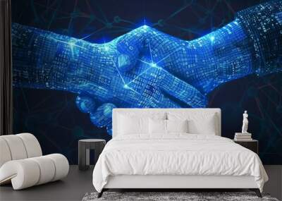 digital blue handshake with glowing binary code, artificial intelligence in virtual business transactions, commitment deal or partnership, secure authentication protocols.
 Wall mural