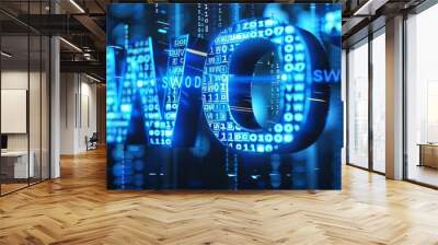 Digital blue matrix binary code forms the acronym SWOT , symbolizing the concept of Strengths, Weaknesses, Opportunities, Threats.
 Wall mural